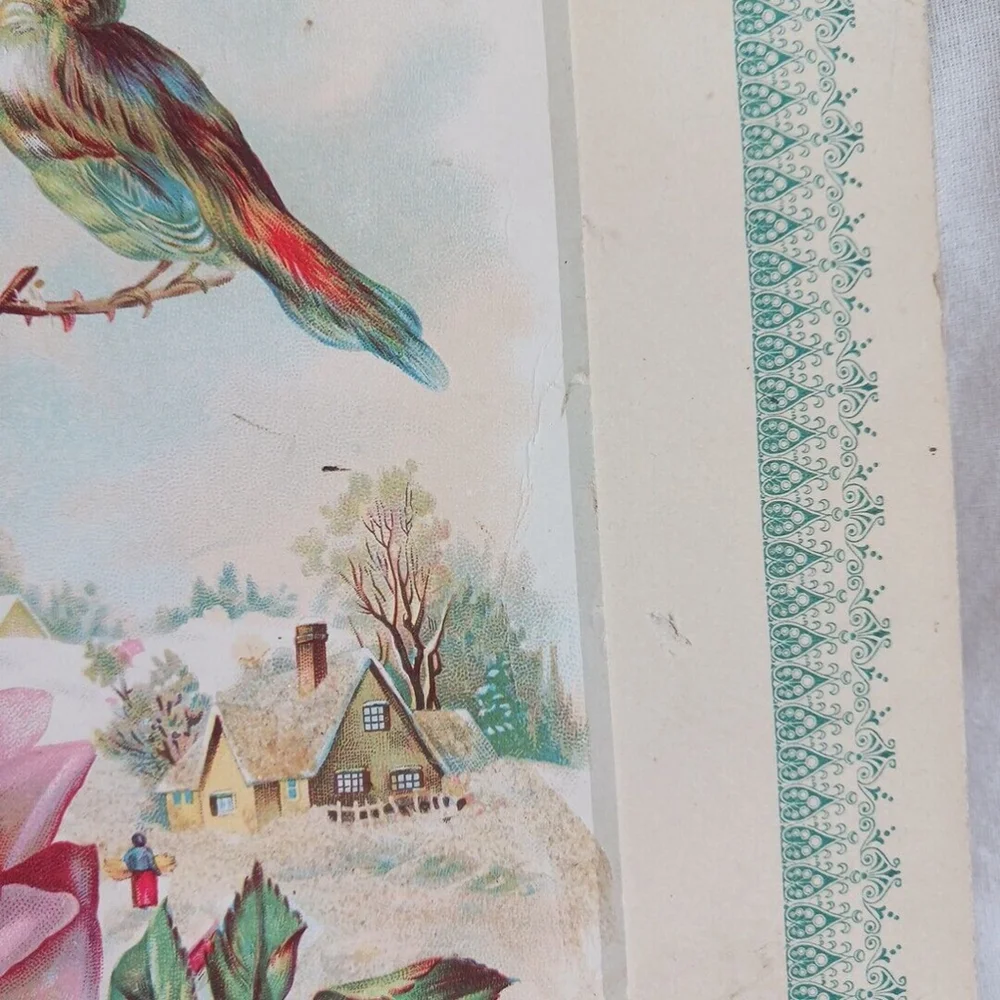 Victorian Antique Embossed Holiday Greeting Card Birds Rose